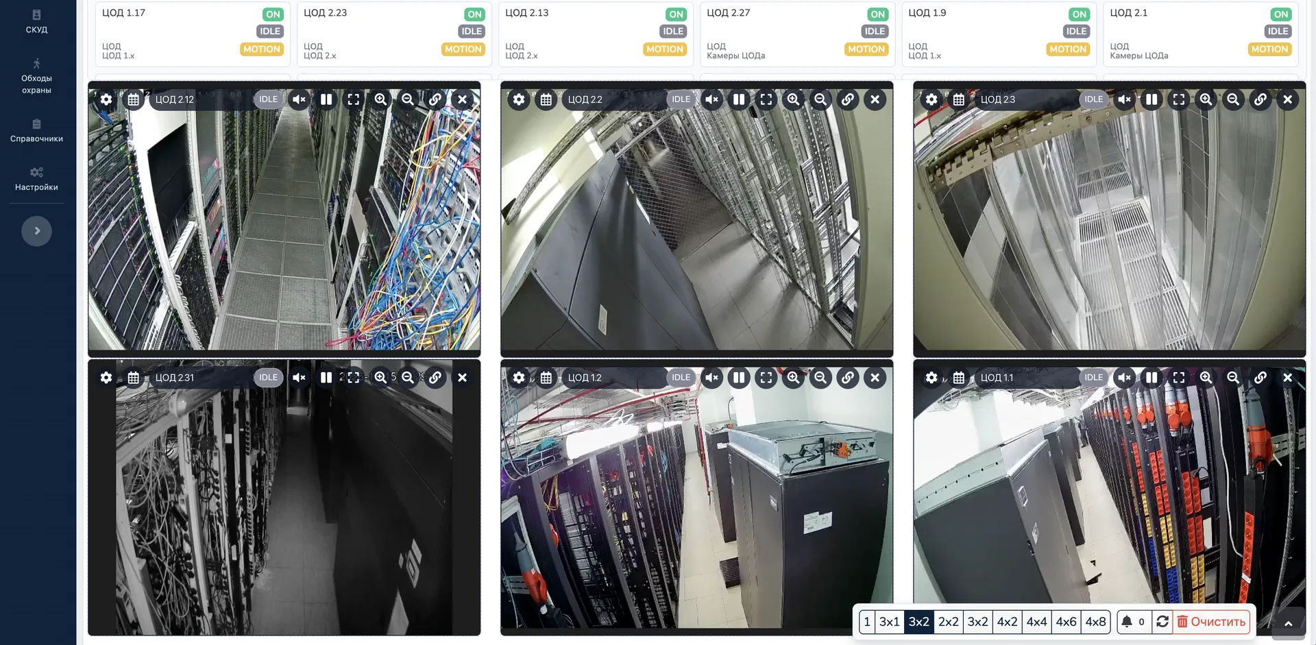 Видеостена videoGate: камеры машинных залов ЦОД, статусы потоков и детекции движения